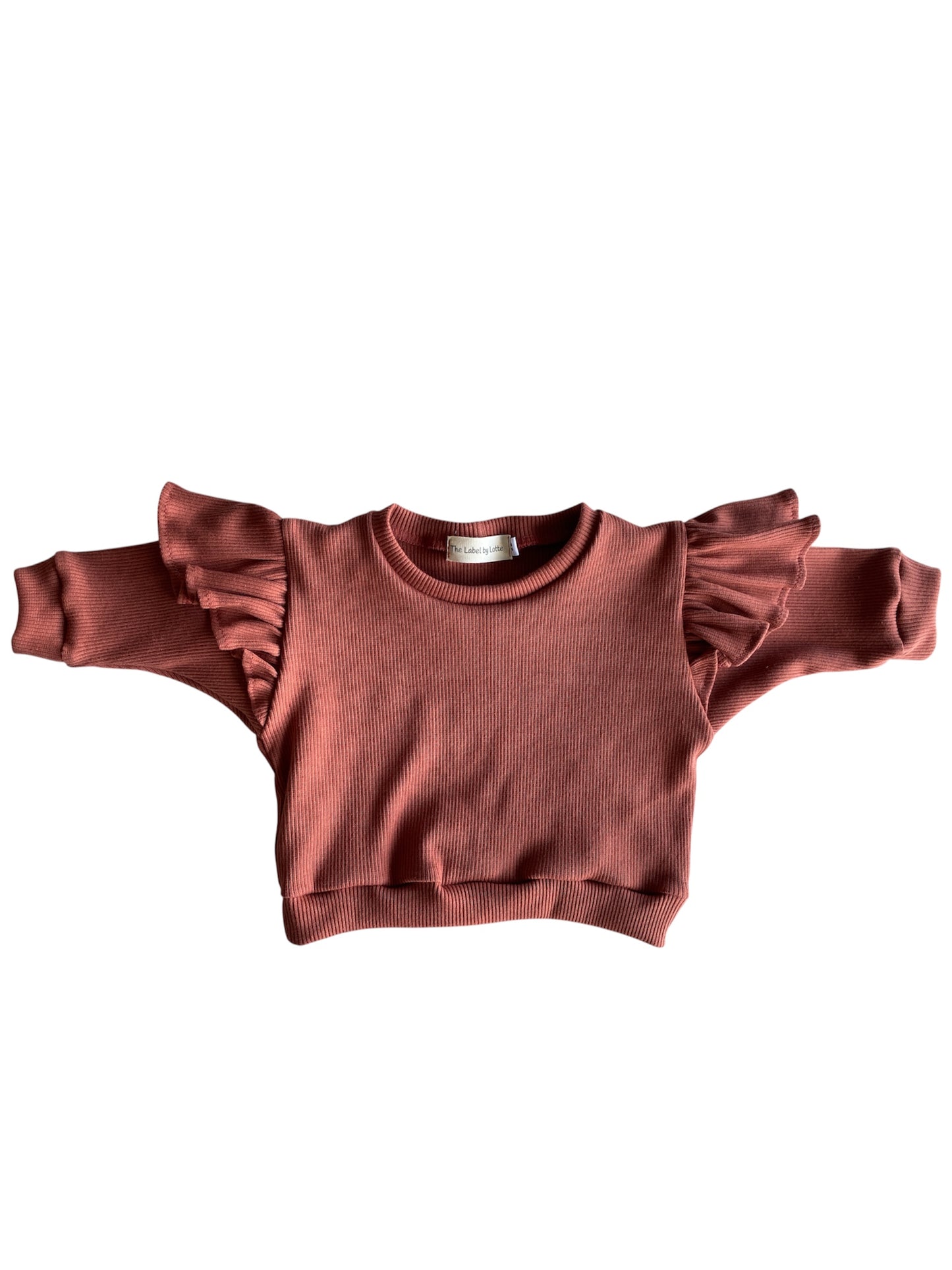 Meisjes trui met grote ruffles brique ribstof