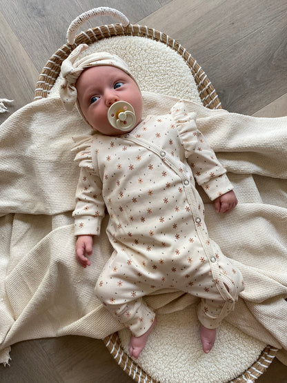 Boxpakje Jinthe bloemenprint met ruffle beige ribstof