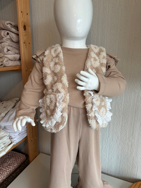 Meisjes teddy gilet panterprint met zakjes