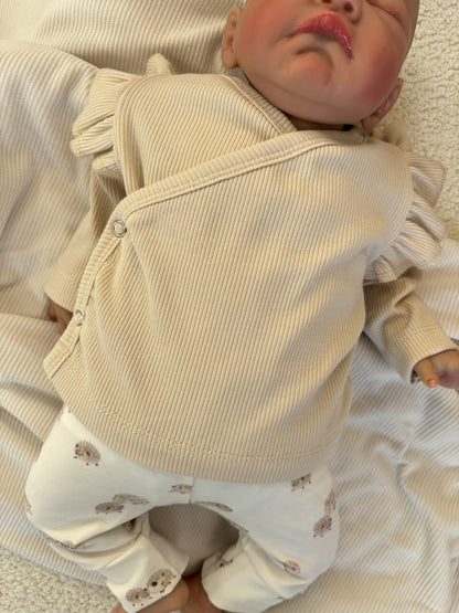 Meisjes overslagshirtje ribstof beige ruffle