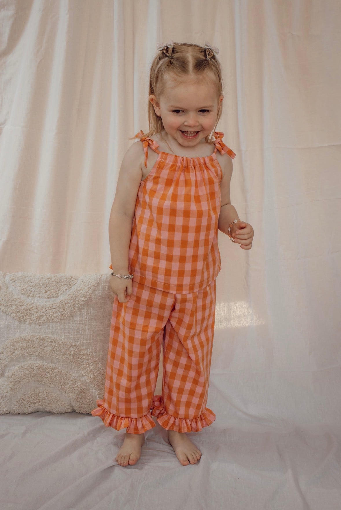 Broek met ruffle ruitjes oranje roze