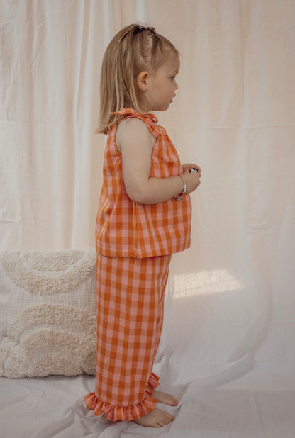 Broek met ruffle ruitjes oranje roze