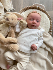 Meisjes overslagshirtje ruffle Lia hartjesprint beige