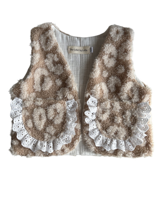 Meisjes teddy gilet panterprint met zakjes