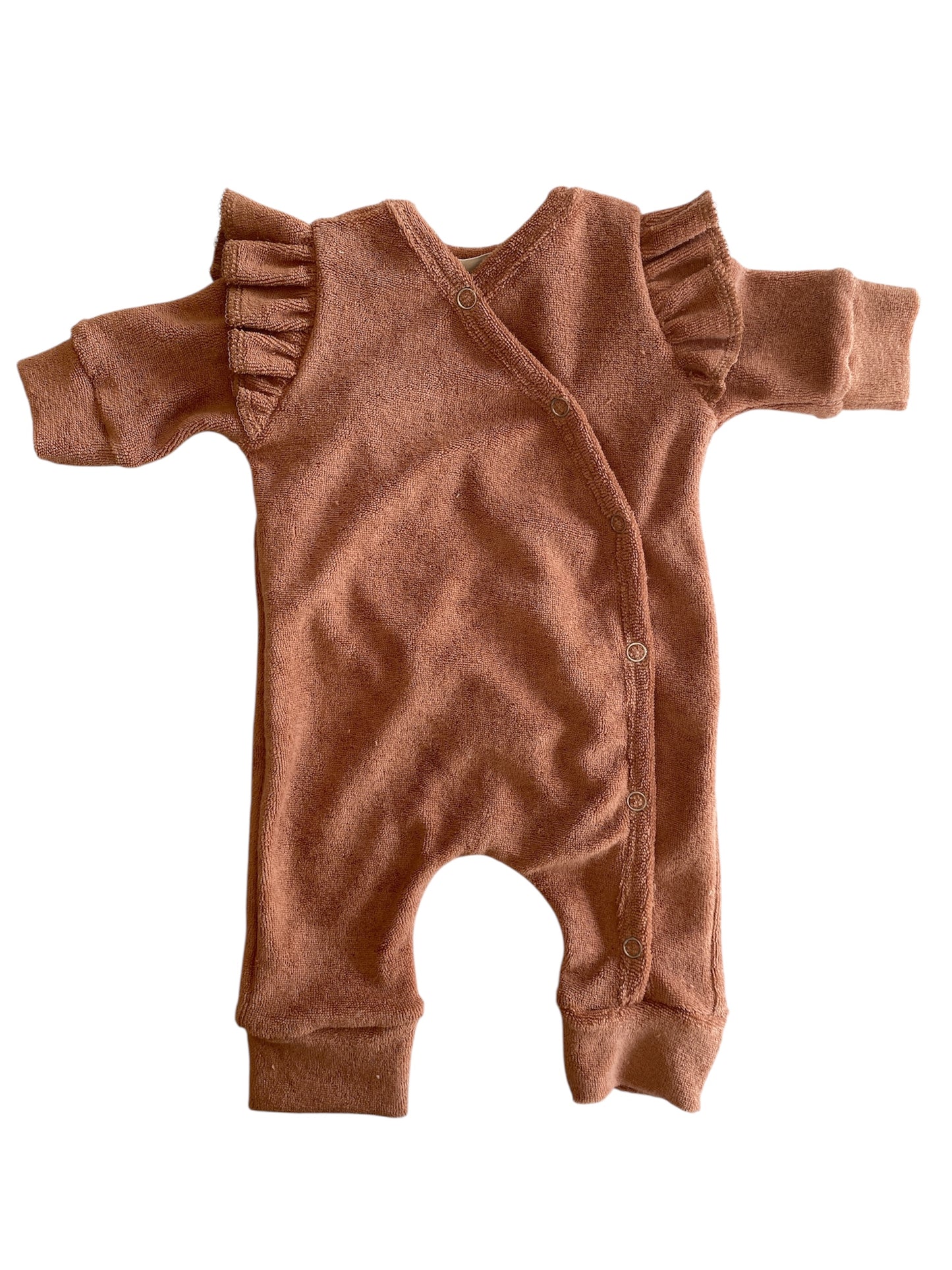 Meisjes boxpakje met ruffle op schouder roest badstof