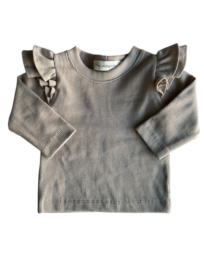 Meisjes t-shirt dubbel ruffletje ribstof zand
