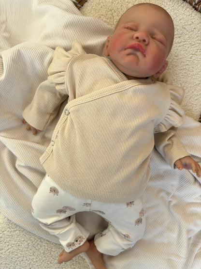 Meisjes overslagshirtje ribstof beige ruffle