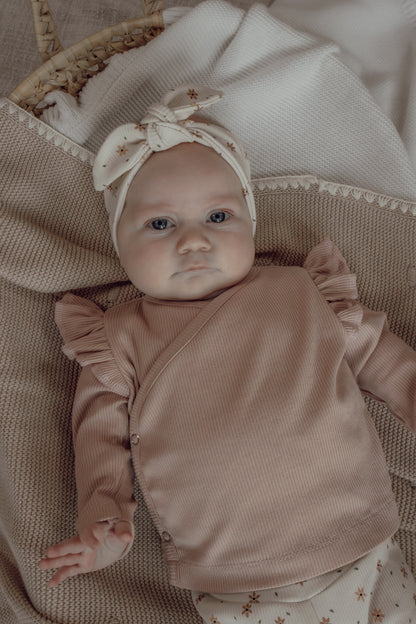 Meisjes overslagshirtje ribstof blush roze ruffle