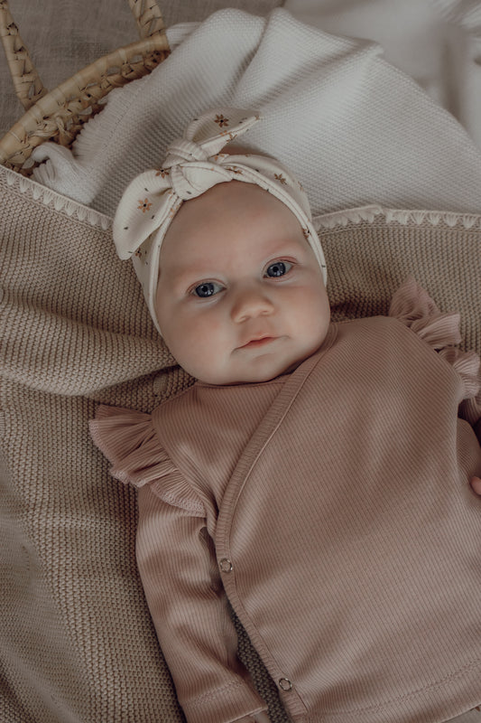 Meisjes overslagshirtje ribstof blush roze ruffle