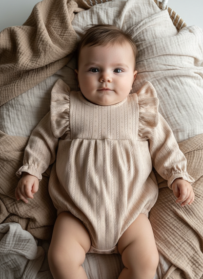 Playsuit/Romper met ruffle en ajour werkje beige